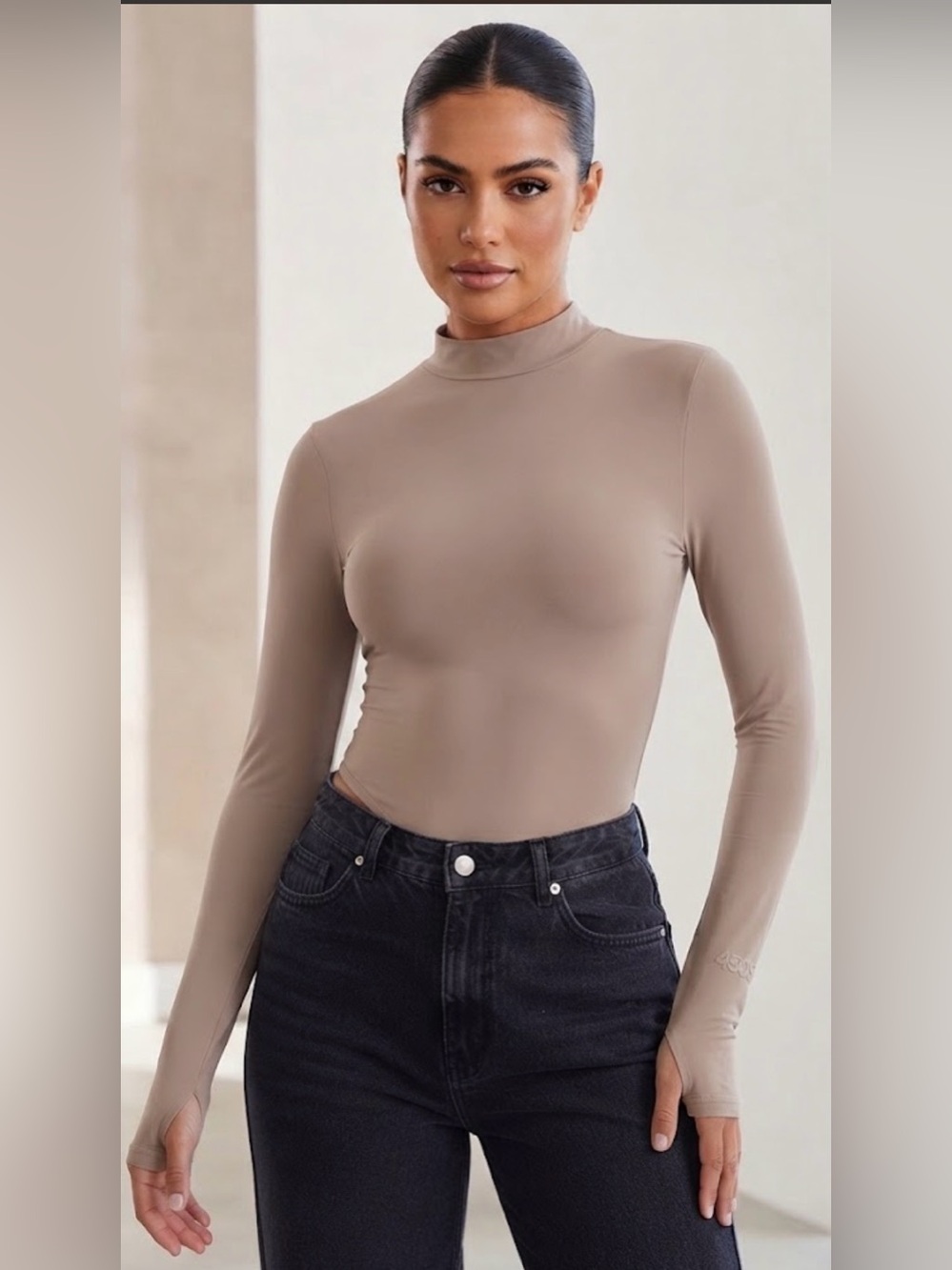 ASOS 4505 Nude Beige Mock Neck Long Sleeve Thong Bodysuit Size US 12 / UK 16